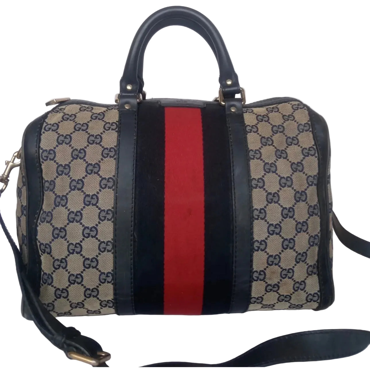 Vintage Gucci GG Canvas Web Stripe Boston Bag — Beige and Blue