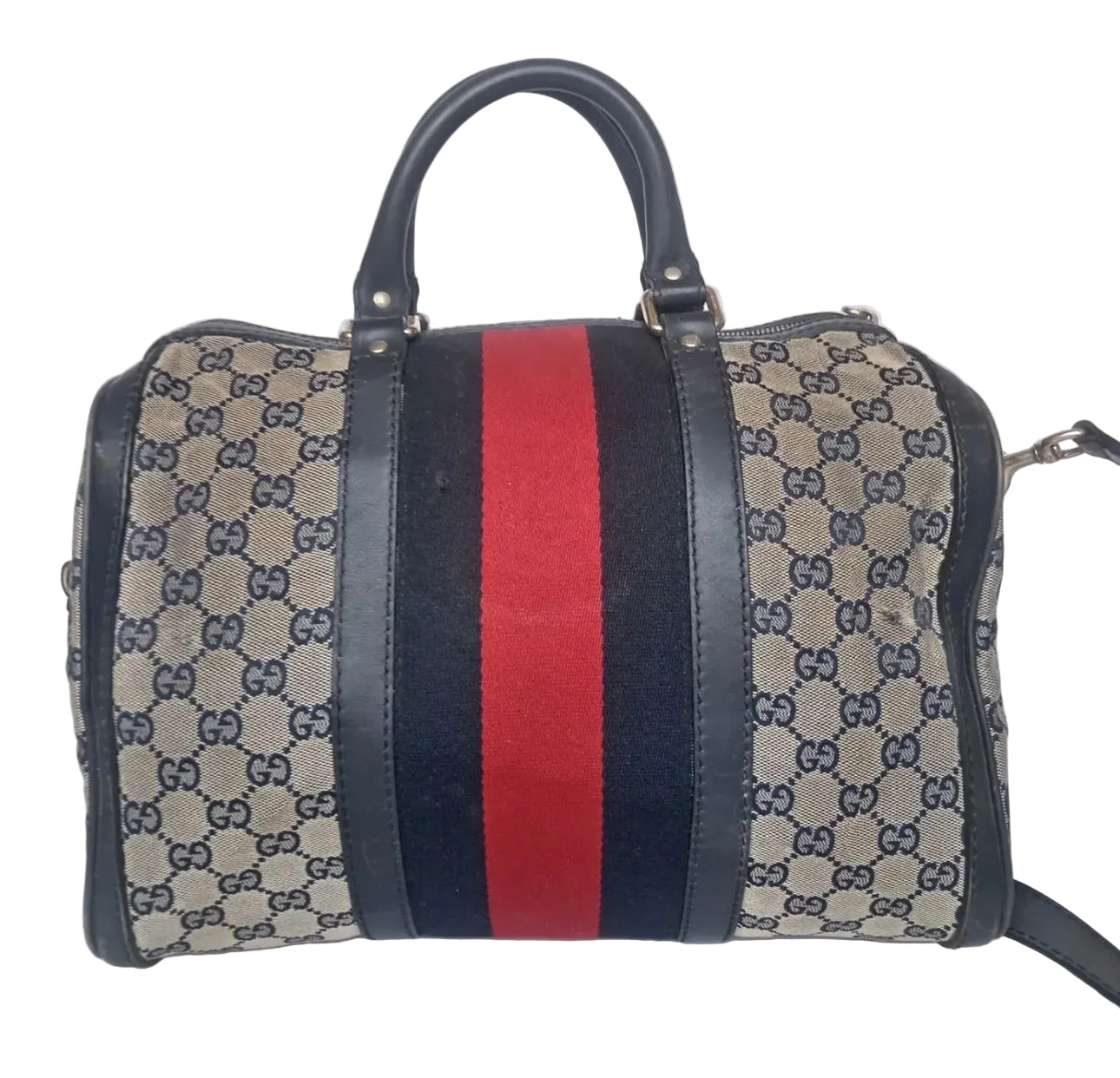 Vintage Gucci GG Canvas Web Stripe Boston Bag — Beige and Blue