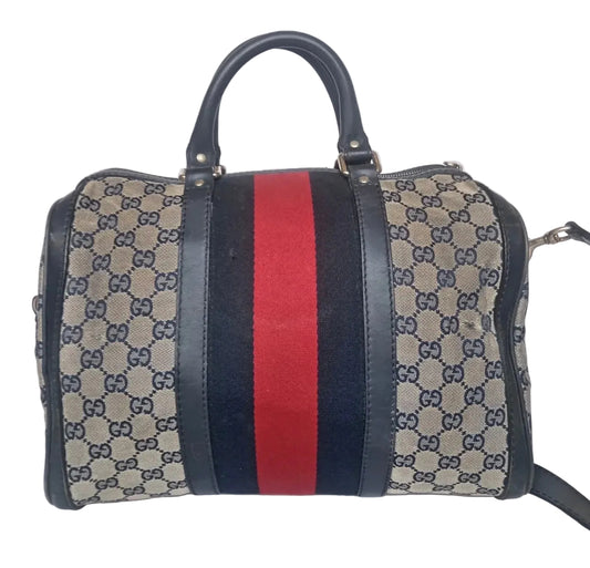 Vintage Gucci GG Canvas Web Stripe Boston Bag — Beige and Blue
