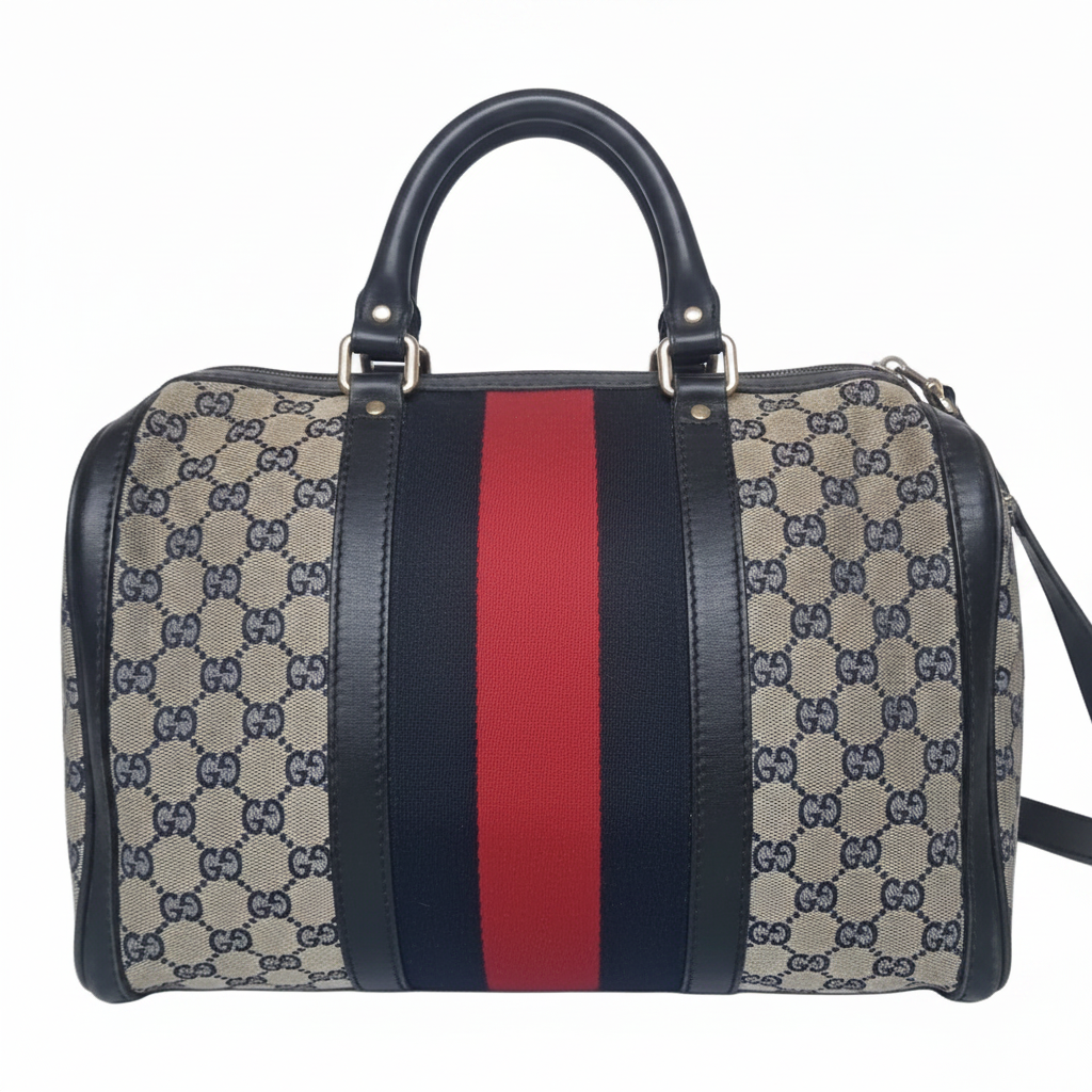 Vintage Gucci GG Canvas Web Stripe Boston Bag — Beige and Blue