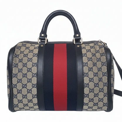 Vintage Gucci GG Canvas Web Stripe Boston Bag — Beige and Blue