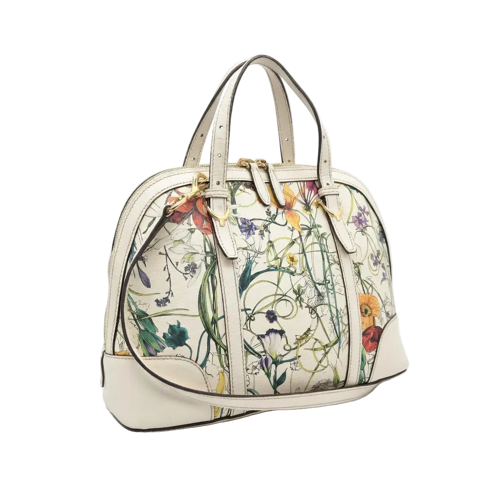 Gucci Flora Nice Floral Boston Handbag — White Floral Coated Canvas
