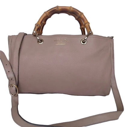 Gucci Medium Bamboo Shopper Boston Bag — Light Pink or Taupe Pebbled Calfskin
