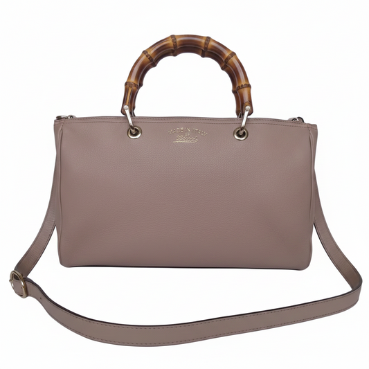 Gucci Medium Bamboo Shopper Boston Bag — Light Pink or Taupe Pebbled Calfskin